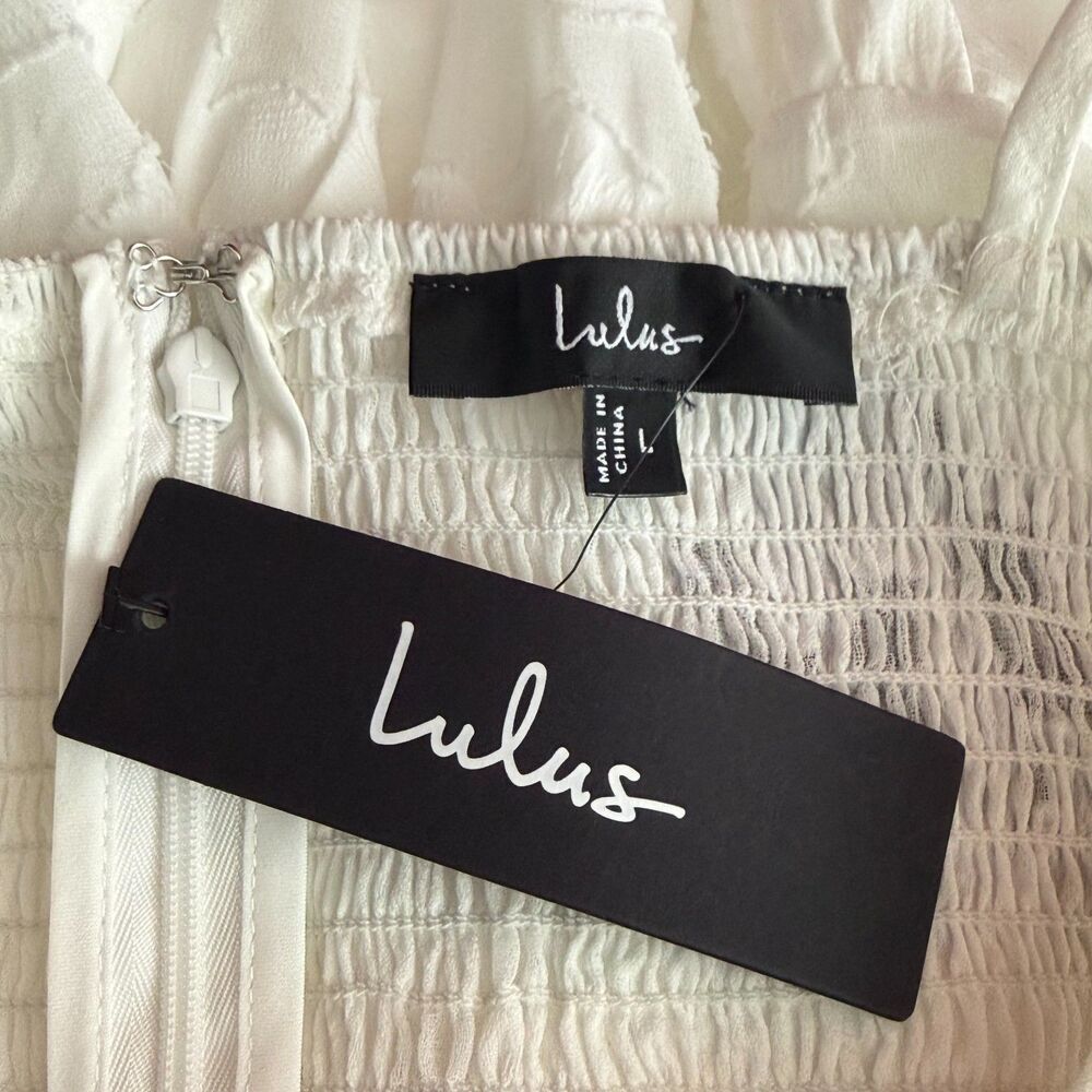LULUS Sweet Sentiments Jacquard Tiered Midi Dress L White Tie Strap Slit NWT B81 - Picture 5 of 6